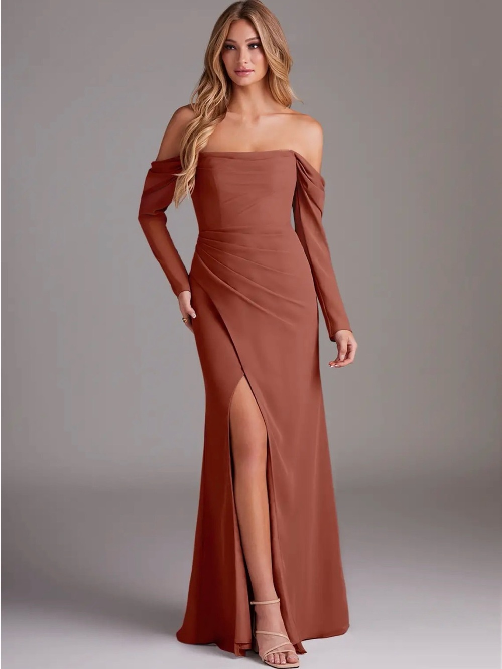 NWT Azazie Hallie Auburn Mermaid Long Sleeve Chiffon Dress, Size A10